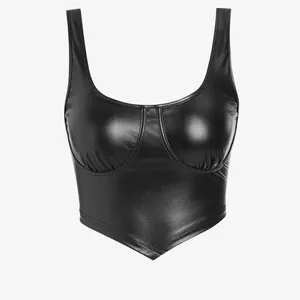 Espartilho de couro pu feminino, top cropped de couro personalizado 2023 moda feminina decote em u bainha assimétrica sexy regata