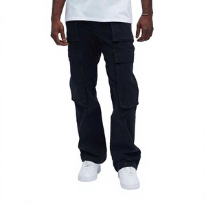 Black Casual <b>Elastic</b>-<b>Waist</b> Cargo Pants Men Factory Custom Logo Patch Pocket Style Mid <b>Waist</b> Slim <b>Jeans</b> for Men - Product Image 1