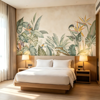 Papier peint mural botanique rétro en aquarelle, plante tropicale avec oiseaux, papier peint personnalisé pour la décoration intérieure résidentielle et commerciale
