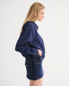 Leduo Customized Ladies Lapel Collar <b>Zip</b> Front Denim <b>Jacket</b> Sleeve Elastic Bottom Hem Loose Dark Wash Casual Short Jean Coat - Product Image 2