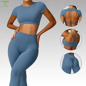 2024 Custom Women Sportswear Scrunch Butt Backless High Waist Removable Pads 2 Pieces Sports Workout Suit Yoga Gym Leggings Set