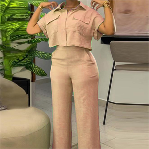 ชุดเซ็ต 2 ชิ้น เสื้อเชิ้ตแขนสั้นปกคอปกติดกระดุมสีพื้นสไตล์ลำลอง กางเกงขายาวทรงกว้าง แฟชั่นสำหรับผู้หญิง ประจำฤดูร้อน - Product Image 6