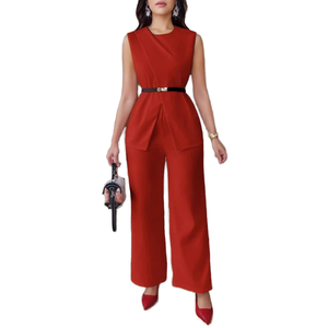 ชุดเซ็ต 2 ชิ้น เสื้อแขนกุดสีพื้นพร้อมเข็มขัดและกางเกงขายาวลำลองสำหรับผู้หญิง แฟชั่น - Product Image 1