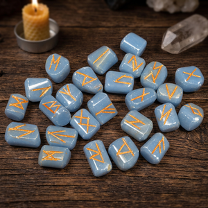 Pierres de runes gravées en fluorite bleue, polies, formes libres, symboles dorés, ensemble de cristaux d'art de collection, ensemble Reiki, pierres précieuses en promotion - Product Image 4