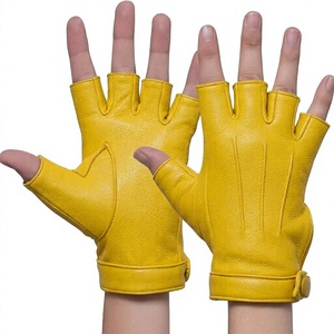 Gants de conduite unisexes en cuir de mouton jaune à demi-doigts avec sangle de poignet réglable, pour toutes les saisons et confortables - Product Image 1