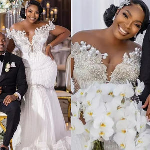 Mumuleo Beauty perle perline abito da sposa per la sposa Vestidos De Novia Off the spalla stile <span class=keywords><strong>Country</strong></span> tromba abiti da sposa - Product Image 6