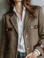 Veste élégante marron en velours tissé à revers, à simple boutonnage, motif chevrons, patchwork, pour femme, style professionnel, costumes et blazers