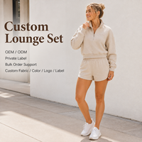 Ensemble 2 pièces personnalisé pour femme : Sweat-shirt court à quart de zip en molleton bouclette ample et short élastique au-dessus du genou pour la maison et les loisirs