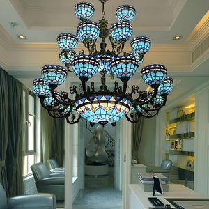 Blue Tiffany Bowl Chandelier 3 Tiers <strong>Upward</strong> <strong>Lighting</strong> Bedroom Living Room Hanging <strong>Lighting</strong> in Bronze Finish - Product Image 1