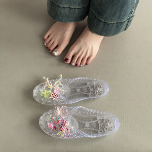 Chaussons pour femmes, chaussures plates à bout ouvert, chaussures transparentes, chaussures de plage, accessoires floraux, style mode extérieur, sac - Product Image 4