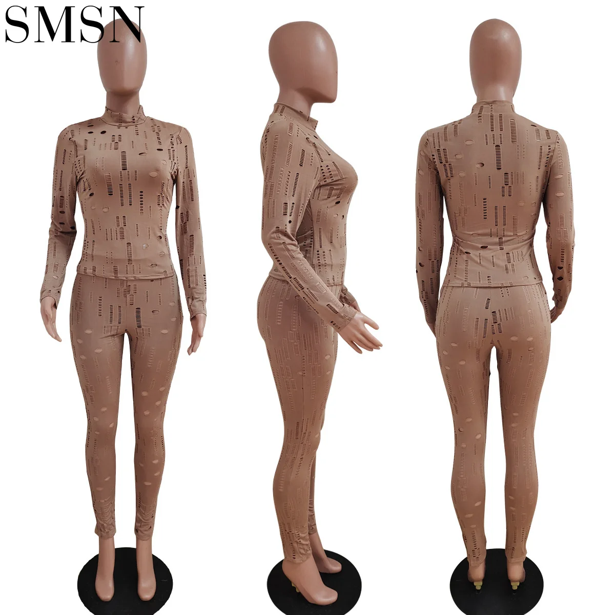 hot seller women's elastic ripped high collar long sleeve women two pieces legging set