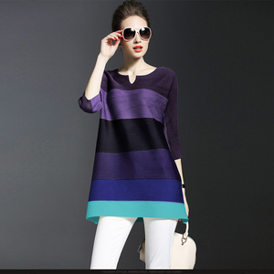 De moda versátil gran stripe T camisa base blusa <span class=keywords><strong>Issey</strong></span> <span class=keywords><strong>Miyake</strong></span> pliegues <span class=keywords><strong>vestido</strong></span> de camisa t - Product Image 6
