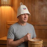 Chapeau de sauna unisexe en feutre de laine blanc avec broderie de chiffres superposés tricolores, lignes arquées et ourlet évasé, protection thermique