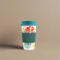 Tasse de voyage réutilisable en céramique à motif floral Tasse à café avec couvercle en silicone pour voyage ou usage quotidien