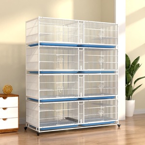 Cage d'élevage d'oiseaux <span class=keywords><strong>empilable</strong></span> grande taille, 4 niveaux, 8 unités, en fil métallique blanc avec plateau bleu et support roulant pour canaris, perruches et agapornis - Product Image 3