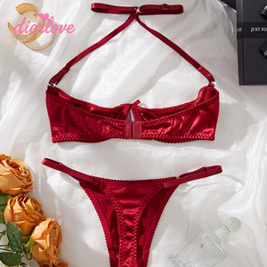 Ensemble de Lingerie Érotique en Soie Satinée pour Femme, Soutien-Gorge 1/4 Bonnet Non Doublé et Culotte, Col Halter avec Nœud Décoratif, Vente en Gros - Product Image 3