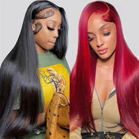 Perruque transparente Full HD 13x4 360 Lace Frontal sans colle, pré-épilée, en cheveux humains, couleur bordeaux 99J, lisse baguette, cheveux brésiliens