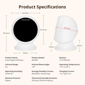 Zemismart Tuya Zigbee IR Blaster, Batería Recargable, Ángulo Ajustable, Aprendizaje IR DIY para Aire Acondicionado, <span class=keywords><strong>TV</strong></span>, Ventilador, Productos Alexa Smart Home - Product Image 6
