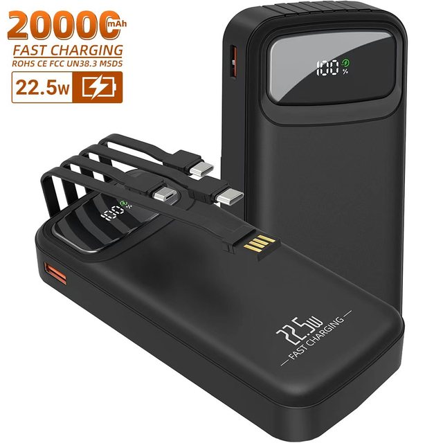 2026 Portable Power Bank 10000mAh 20000mAh 22.5W PD Fast Charging LED Display Battery Pack With 4 USB Type C Android Cable