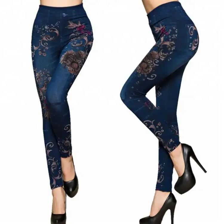 Floral Flower Print Blue Jean Denim Style High Waist Tights Leggings for Women