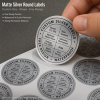 Collection d'étiquettes autocollantes pour branding, papier adhésif durable, finition mate, argenté, doré métallisé, tailles personnalisées, impression de logo, service de vente en gros