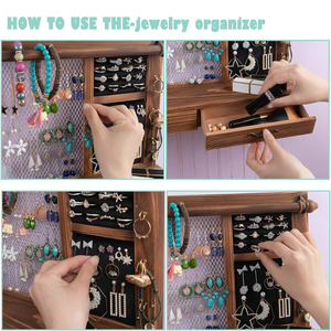 Organisateur de bijoux mural en bois personnalisé avec étagère en maille et tiroirs pour colliers, bracelets, boucles d'oreilles et bagues - Product Image 3