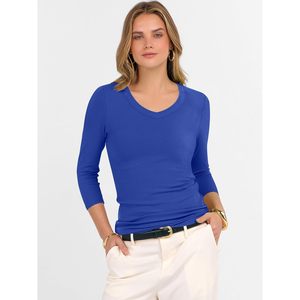 FOXA – haut en tricot côtelé pour femmes, manches 3/4, col en v, coupe ajustée, t-shirt basique, tenue décontractée, tenue d'été tendance - Product Image 3