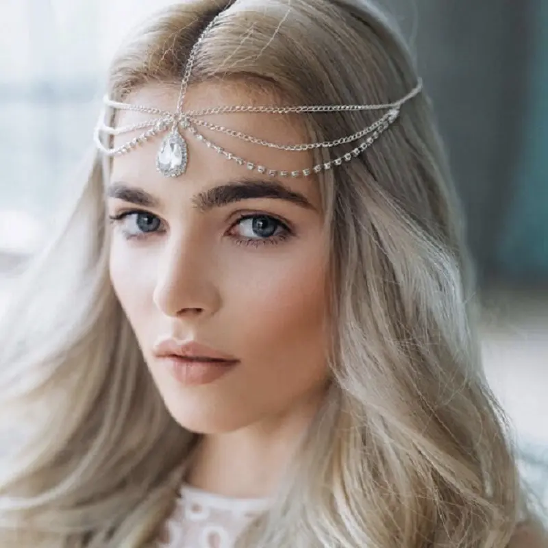 Donne Bling Crystal Head Chain accessori per catena per capelli multistrato nappa lunga strass di lusso con goccia d'acqua gioielli sulla fronte
