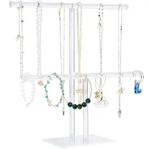 Jóias de acrílico Display Holder, colar e pulseira pendurada Organizador, Clear 2-Tier Tower Stand para pulseiras, colares, anéis,