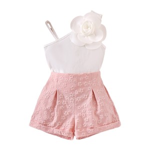 Elegante Completo Estivo per Bambine: Top Asimmetrico Senza Maniche e <span class=keywords><strong>Shorts</strong></span> in Jacquard Floreale Rosa - Product Image 5