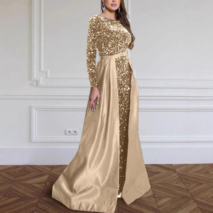 Evening Gown Long Sleeve O-Neck <b>Sequined</b> Asymmetric Maxi Dress For Banquet Party Host Queen Aura - Product Image 4