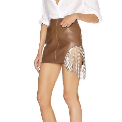 33103 Winter Brown Genuine Leather Mini Skirt Crystal Tassel Sexy Asymmetric Mature Women Leather Skirt