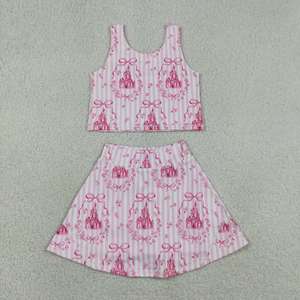 En stock: Conjunto casual de verano para bebés y niñas, con top sin mangas y falda pantalón, diseño de lazos y rayas rosas, ideal para yoga y actividades deportivas. - Product Image 5
