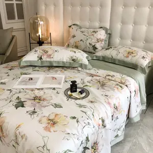 Conjunto de cama de cetim, 4 peças de lençol de seda com estampa