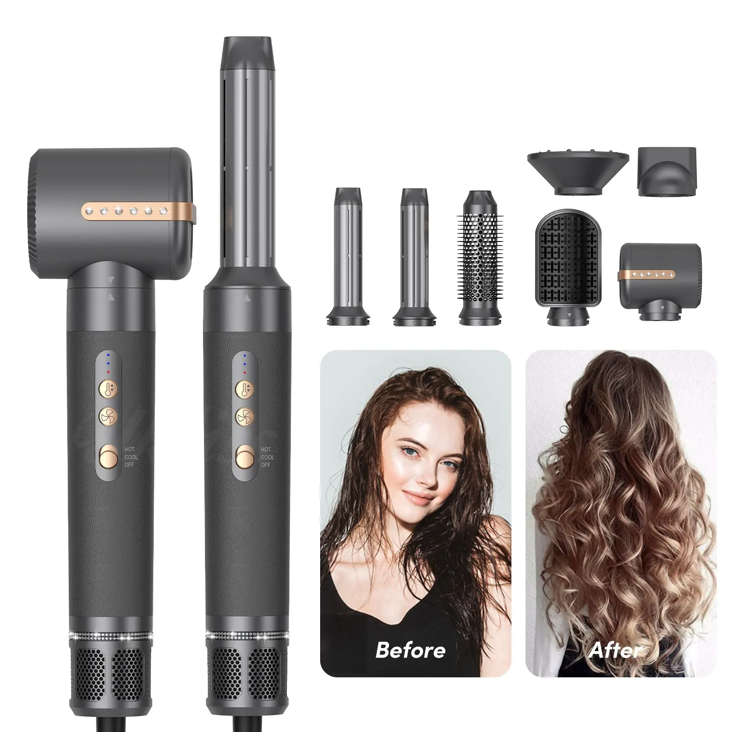 7-in-1 automatisches PTC elektrisches Locken-Eisen Keramik-Drehbares Haar Welle-Styling Haarglätter Bürste Kamm-Werkzeug-Set