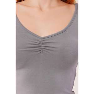 Blouse de base en gros, col large, gris, taille XL, formelle, coréenne, pour le bureau, la fête, automne, viscose et lin unis, avec logo - Product Image 4