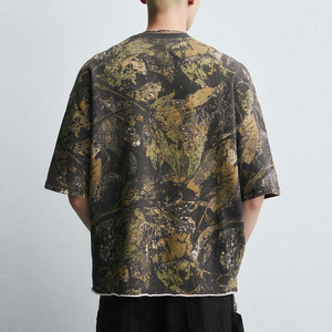 T-shirts personnalisés lourds DTG <span class=keywords><strong>T-shirt</strong></span> imprimé surdimensionné à épaules tombantes Vintage abstrait feuille Camouflage Camouflage pour hommes - Product Image 2