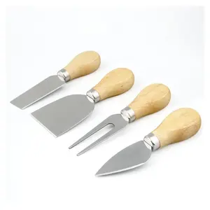 Toptan OEM özel paslanmaz çelik peynir bıçağı seti ahşap saplı peynir tereyağı bıçağı ve çatal seti pişirme peynir tereyağı bıçağı