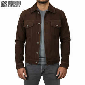 Veste de camionneur en cuir suédé véritable pour homme, blouson de moto classique de couleur marron entièrement fabriqué sur mesure par Maximize Bomber Jacket - Product Image 1