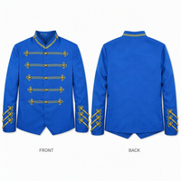 Blazer bleu unisexe avec garniture grenouillère dorée, col montant, veste uniforme à bandes, boutons à boule, tresse sur les manches, costumes de scène et de danse