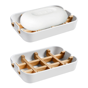 Porte-savon en résine à motif marbré bambou avec grille de drainage amovible en bambou naturel pour lavabo et douche de salle de bain - Product Image 1