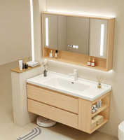 Nouveau style de meuble-lavabo de salle de bain avec vasque en céramique intégrée et rangement latéral en bois massif