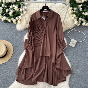 Camisa de Cuello Alto con Diseño Floral 3D, Holgada, Irregular, con Pliegues, Blusa para Mujer, Ropa de Moda - Product Image 5