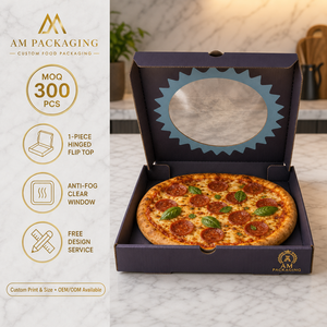 Boîte à pizza en carton ondulé personnalisée avec fenêtre transparente anti-buée et couvercle à charnière pour l'emballage alimentaire, la livraison à emporter et la livraison à domicile - Product Image 1