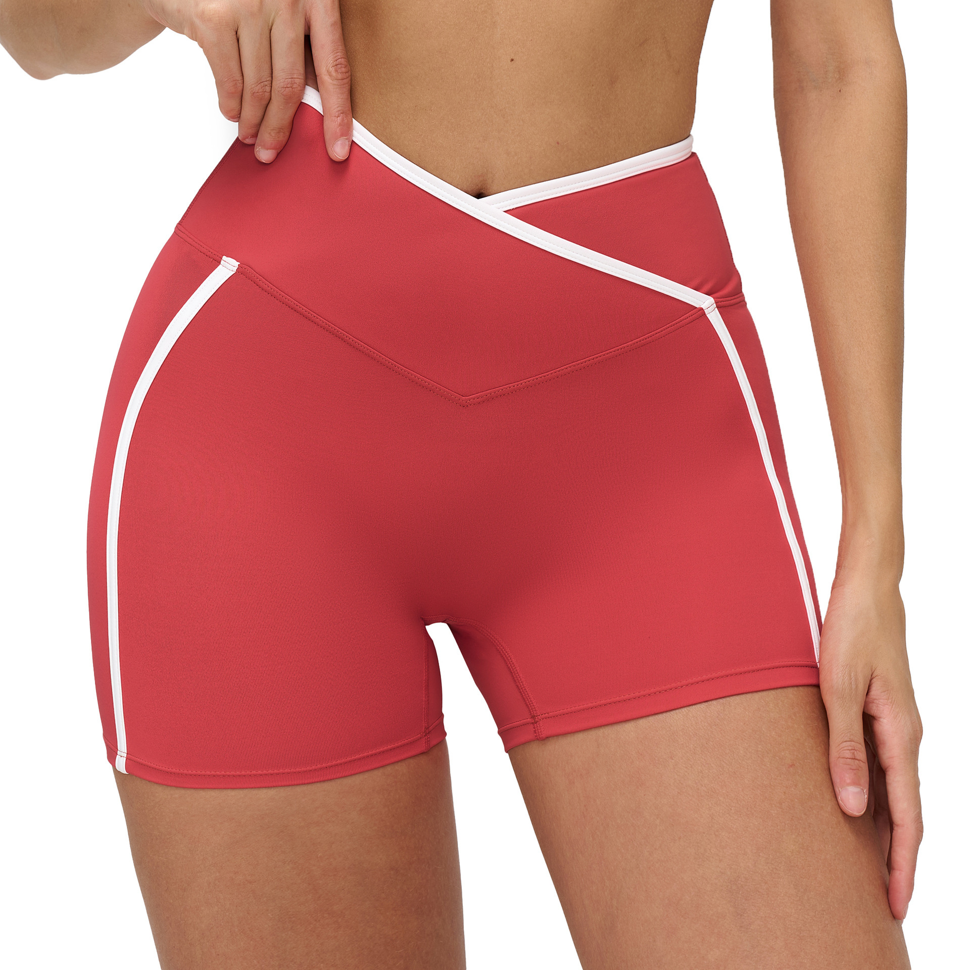 Custom Logo Women's Yoga Shorts Four-Way Stretch Breathable Lightweight Recyclable Hip-Raising Crossed Waist Regular Fit Outdoor