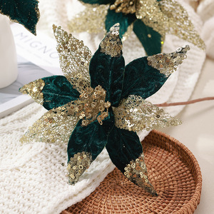 Modern <b>Retro</b> Simulation Handmade Pink Sequins 30cm Green Flannel Velvet Christmas Flower - Product Image 5