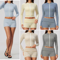 Vêtements pour femmes, ensemble rayé 2 pièces, veste à manches longues, haut court à fermeture éclair et short, tenue décontractée, ensemble assorti, tenue de yoga pour femmes
