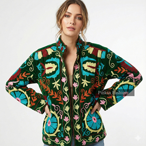Chaqueta de punto Suzani de terciopelo hecha a mano |   Abrigo Bohemio para Mujer Otoño/Invierno |   Textil Indio Bordado a Mano de Longitud Regular - Product Image 1