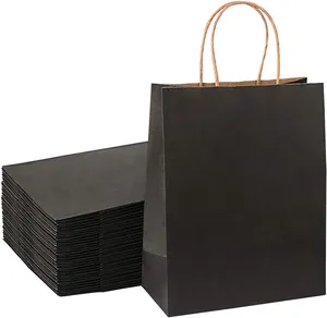 Saco de papel preto branco com logotipo, saco de papel Kraft marrom reciclado com alça, sacola de compras de papel Kraft personalizada com seu próprio logotipo