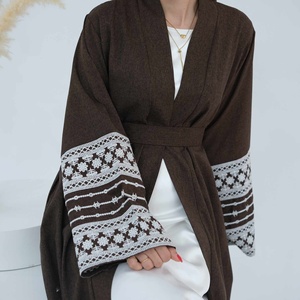 Vendita calda Cardigan musulmano manica lunga taglie forti ricamo Abaya Robe pizzo caftano di tacchino in poliestere - Product Image 4